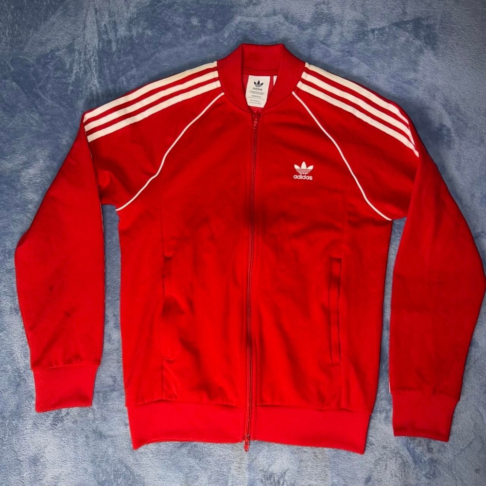 Adidas Originals red track jacket with white stripes